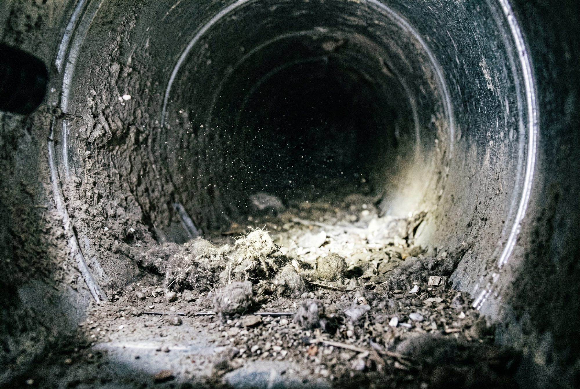 Inside of an air duct before cleaning — coated in dust and debris